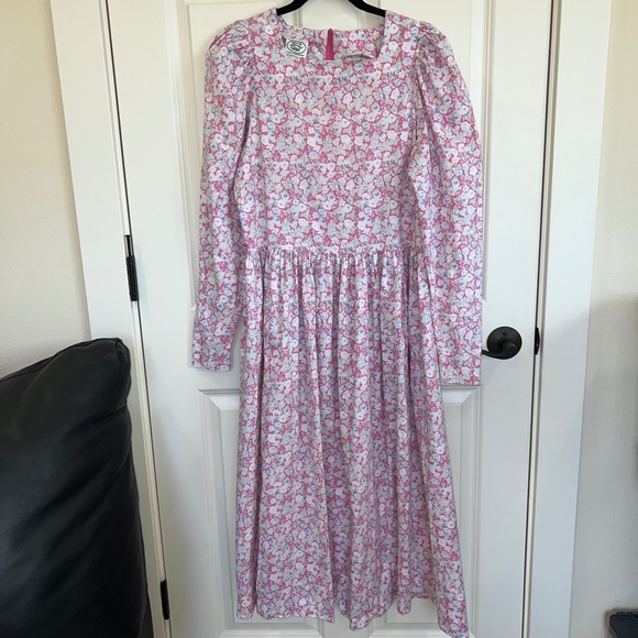 Vintage 80s Laura Ashley Long Sleeve Pink Floral Cotton Midi Dress Size 12 - Picture 9 of 10